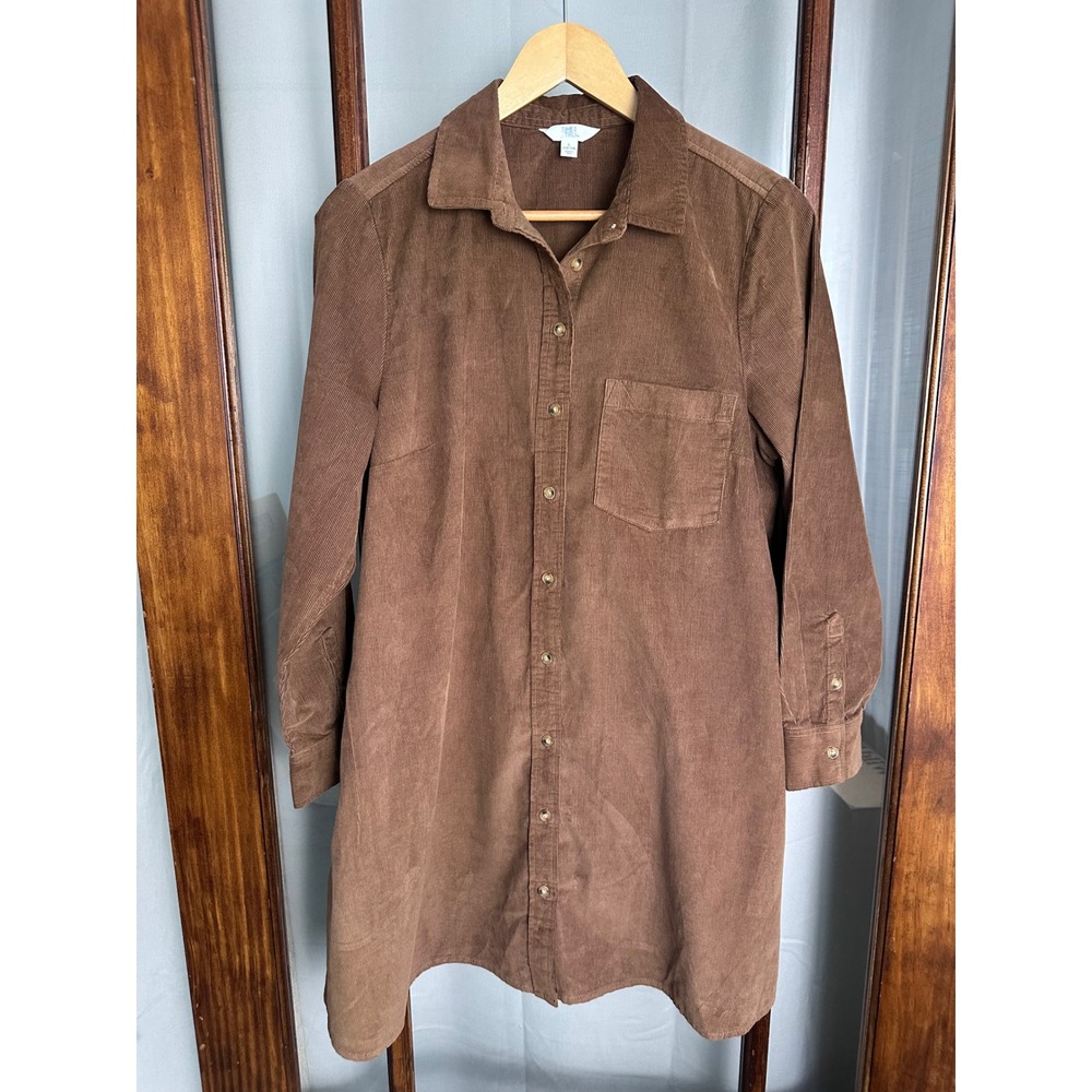 Time and Tru Womens Brown Corduroy Button Front Shirt Dress Pockets L 12-14